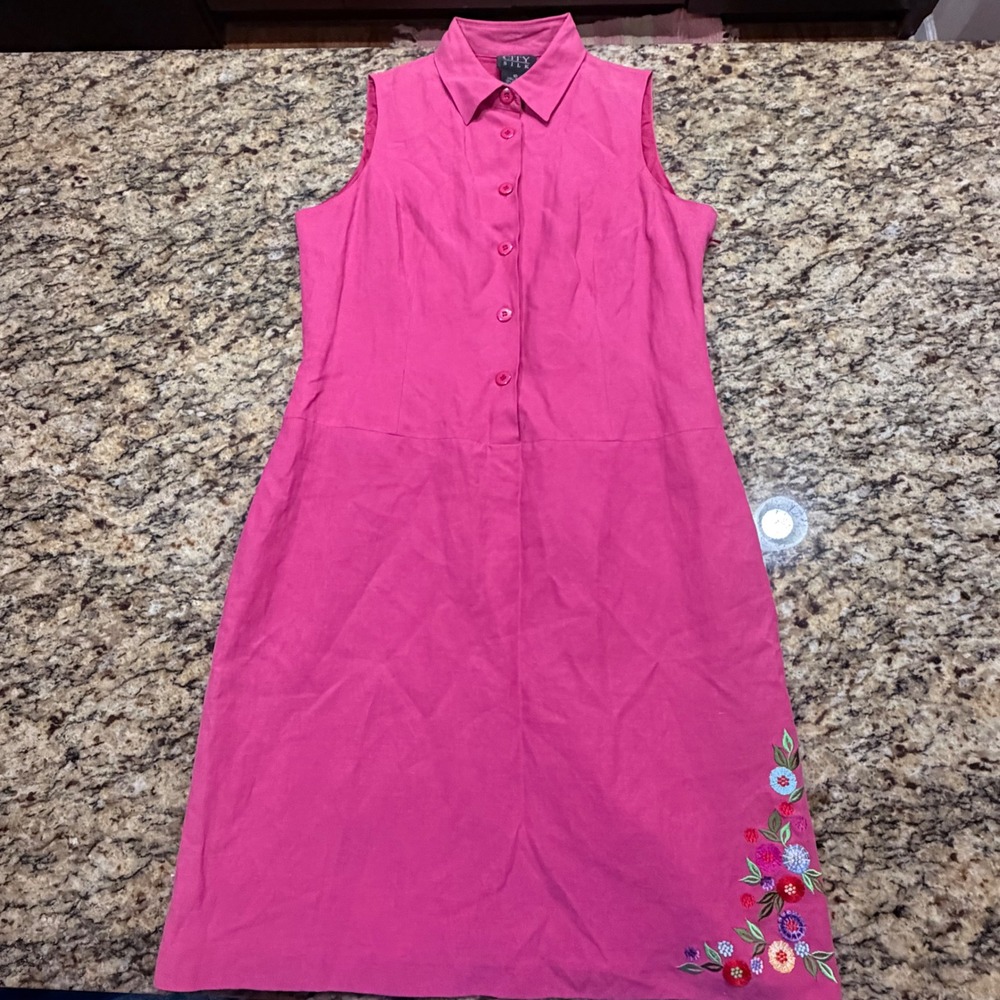 City Silk‎ Pink Silk Linen Floral Embroidered Sleeveless Dress Womens 10 Midi